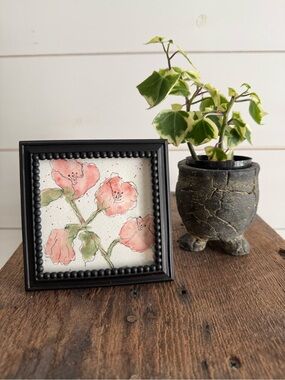 Hand crafted watercolor original Pink in 4x4 Black Beaded Frame
